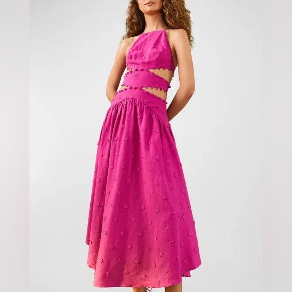 NWT FARM RIO Pink 3D Flower Midi Dress in Linen. Size Large - Picture 6 of 6